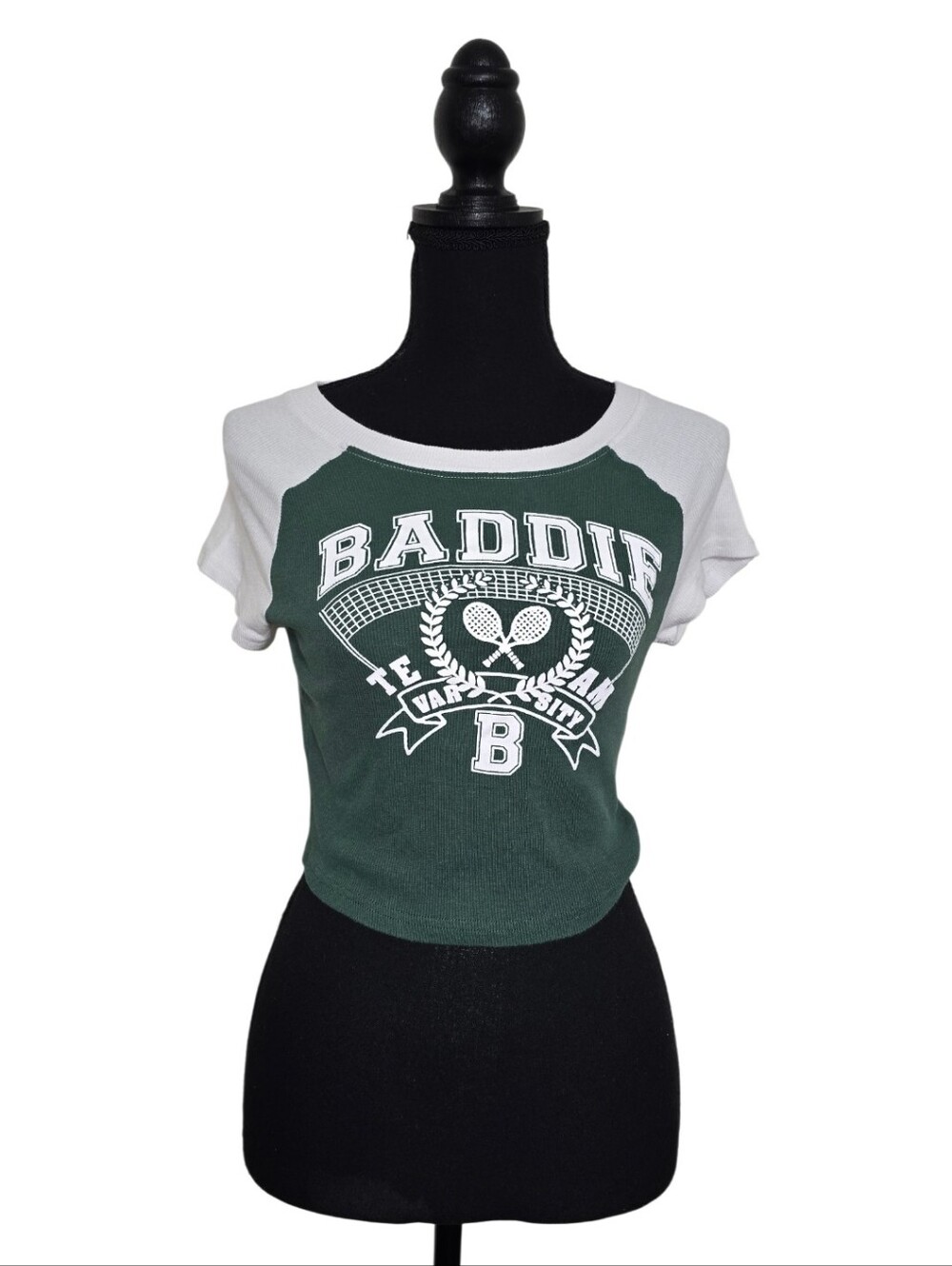 #K137 Rue21 Green & White Baddie Raglan Graphic Tee#